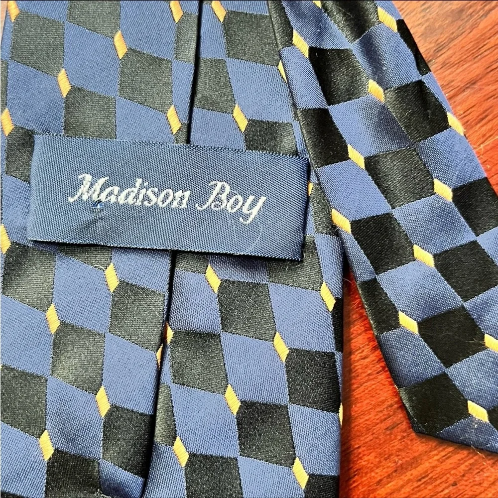 Boys Silk Zipper Tie With Pocket Handkerchief Blue Black Geometric